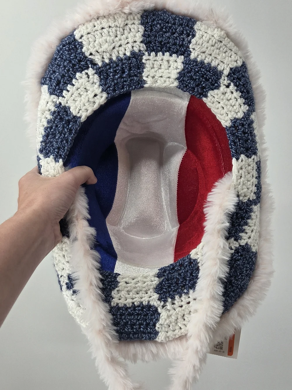 Fun Crochet Checkered Cowboy Hat with Faux Fur Trim - Blue & White